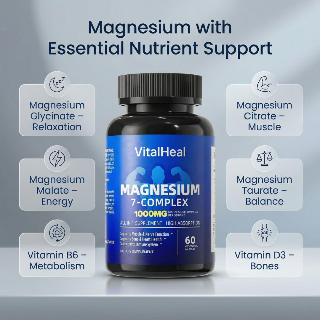 Magnesium 7 Complex 1000mg – Magnesium Glycinate Supplement for Sleep & Muscle Support, High Absorption with Vitamin D3