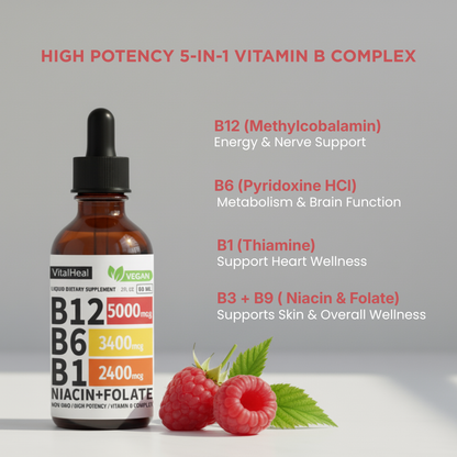Vitamin B12 Liquid Drops with B6, B1, Niacin + Folate – Energy & Immune Support