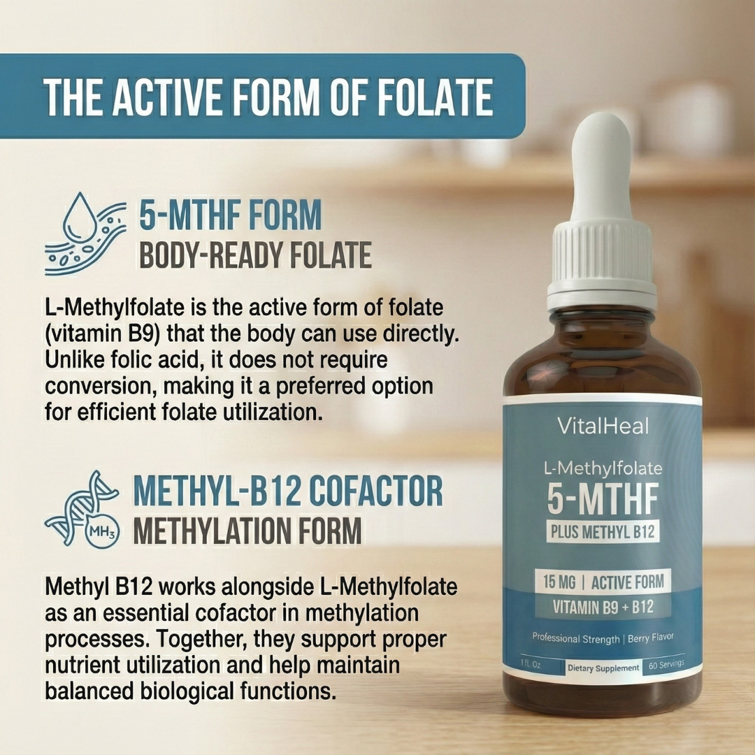 L-Methylfolate 15mg + B12 Liquid Drops with 5-MTHF for Methylation Support