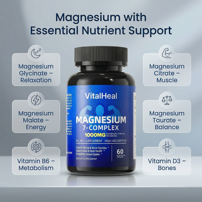 Magnesium 7 Complex 1000mg – Magnesium Glycinate Supplement for Sleep & Muscle Support, High Absorption with Vitamin D3