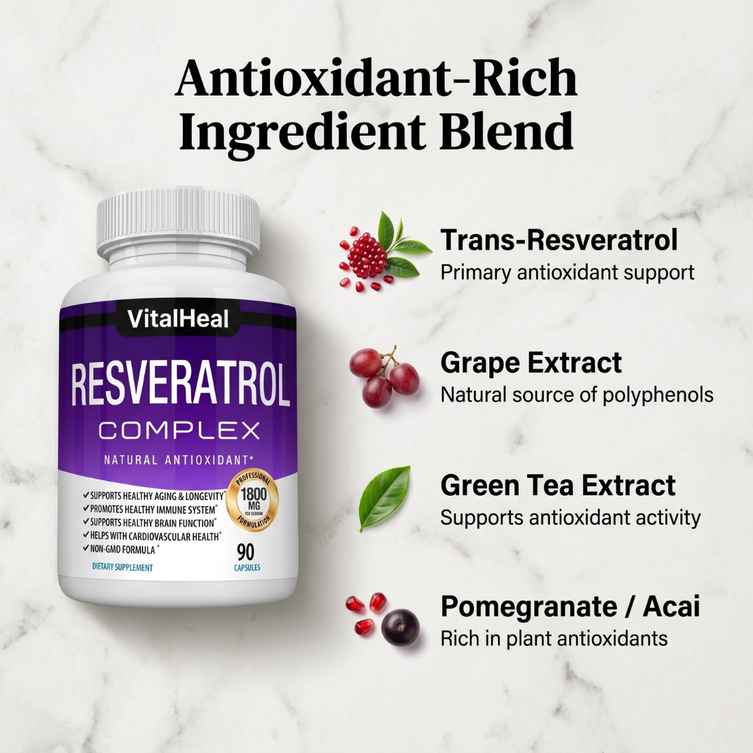 Resveratrol Complex 1800 mg – Trans-Resveratrol Antioxidant Supplement for Healthy Aging, Skin & Immune Support