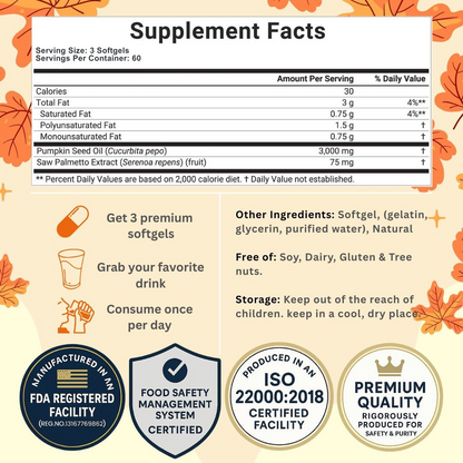 Pumpkin Seed Oil Softgels with Saw Palmetto - Prostate & Hair Health Support