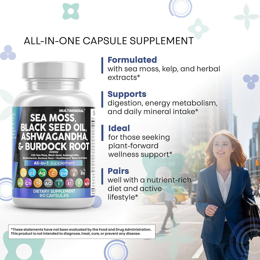 Multimineral - Sea Moss, Black Seed Oil, Ashwaganda & Burdock Root Capsules