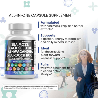 Multimineral - Sea Moss, Black Seed Oil, Ashwaganda & Burdock Root Capsules