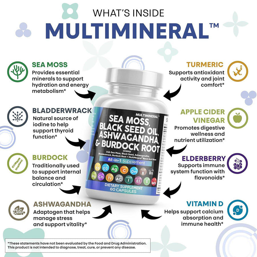 Multimineral - Sea Moss, Black Seed Oil, Ashwaganda & Burdock Root Capsules