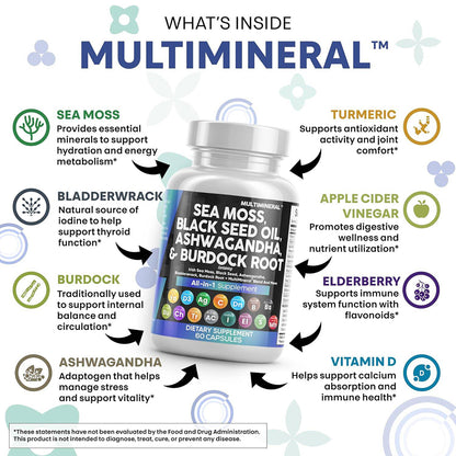 Multimineral - Sea Moss, Black Seed Oil, Ashwaganda & Burdock Root Capsules