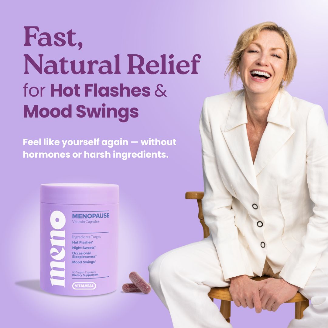 Smiling middle-aged woman in white suit sitting next to VitalHeal Menopause Support supplement, promoting hormone-free relief for hot flashes and mood swings