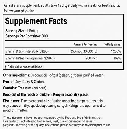 Vitamin D3 + K2 Softgels – 10,000 IU – 200 mcg K2