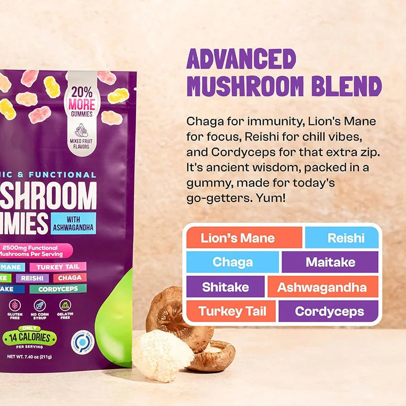 Mushroom Gummies – Lion’s Mane, Reishi, Chaga, Cordyceps & Ashwagandha